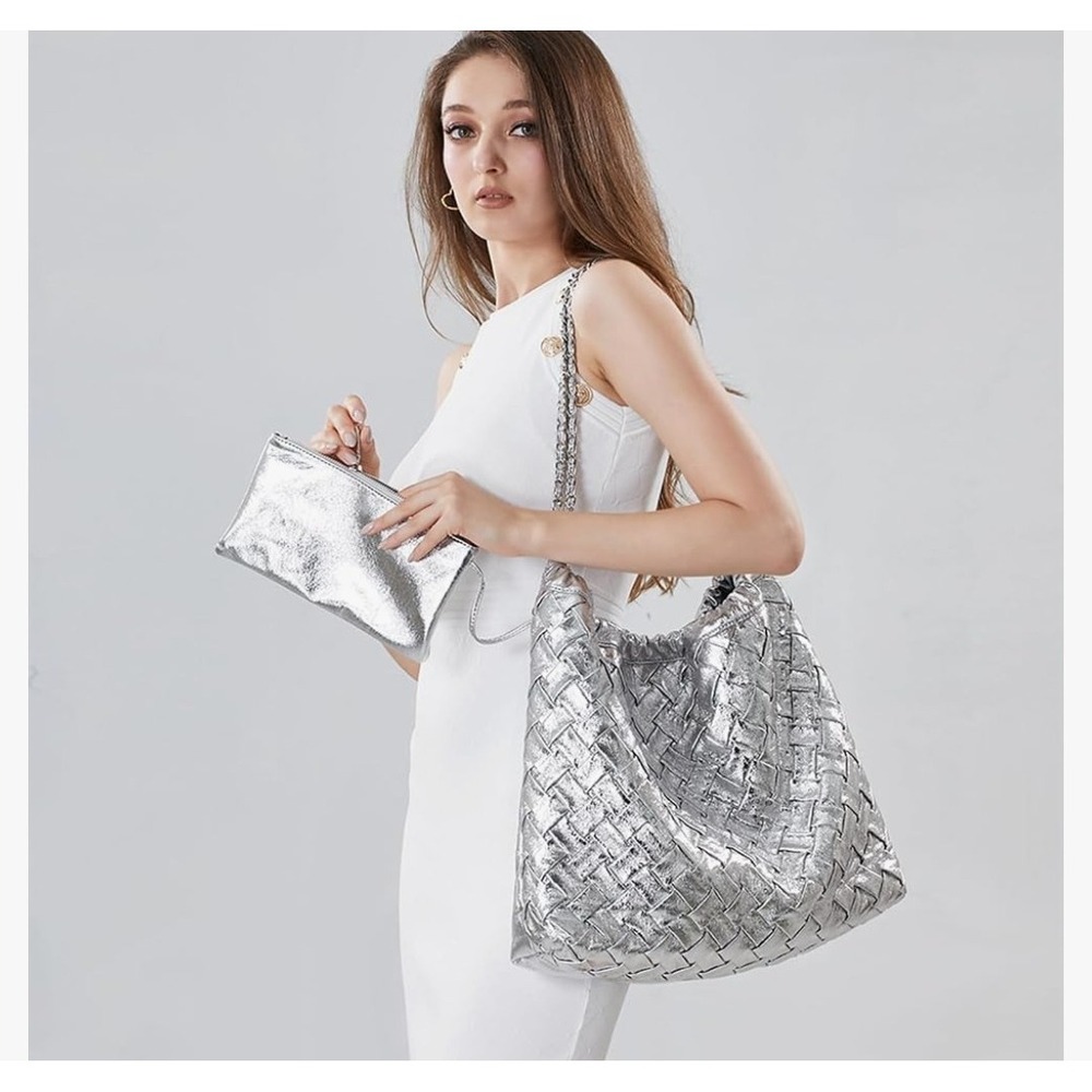 Gossky Metallic Woven Silver Large  Hobo Overnight Tote Bag